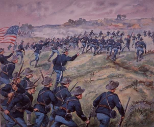 Spanisch-Amerikanischer Krieg 1898, US-Truppen stürmen die San Juan Heights in Kuba (Farblithografie)