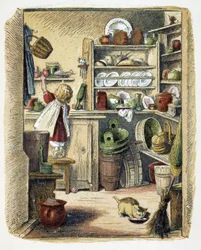 Lagerung in der Küche in „Schnik, schnak, Kleinigkeiten für die Kleinen“, Kinderspiele. Hrsg. London- Georges Ronthedge und Söhne. New York, The broad way Ludgate n.d. ca. 1890.