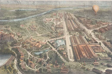 Das Centennial - Ballonansicht des Geländes, Harpers Weekly, ca. 1876