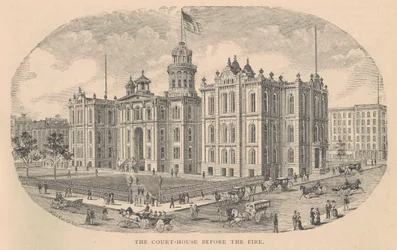 Das Gerichtsgebäude vor dem Brand, gedruckt von Moss Engraving Co., New York, Illustration aus History of Chicago vol. 2 von Alfred Theodore Andreas, veröffentlicht 1885