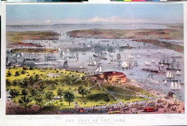 Der Hafen von New York, Vogelperspektive von der Battery nach Süden, graviert von Parsons & Atwater, veröffentlicht von Currier & Ives, 1872