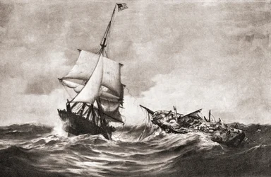 Die Eroberung der HMS Frolic durch die Sloop-of-War USS Wasp, eine Seeschlacht im Atlantik am 18. Oktober 1812 während des Krieges von 1812, aus 