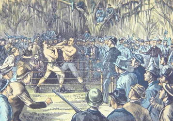Der letzte Meisterschaftskampf im Boxen mit bloßen Fäusten im Jahr 1889, John L. Sullivan gegen Jake Kilrain in Richburg, Mississippi