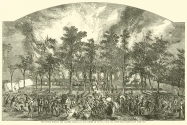 Die Aufständischen brennen das Colored Orphan Asylum, Ecke Fifth Avenue und Forty-Sixth Street, New York City, Juli 1863