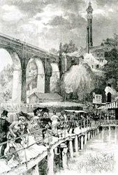 Touristen kehren zu ihrem Dampfer am Harlem River zurück, mit der High Bridge links, graviert von W.A. Rogers für Harpers Weekly, 24. Juli 1880
