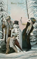 Viktorianische Frauen spielen mit einem Schneemann