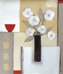 Rote Schale, weiße Blumen