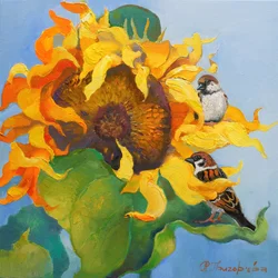 Goldene Sonnenblumen Spatzen