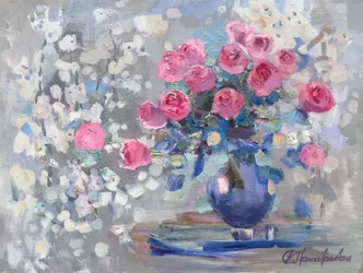 Lebendige Rosa Rosen Blauer Vase