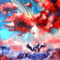Zwei Kraniche Rote Wolken