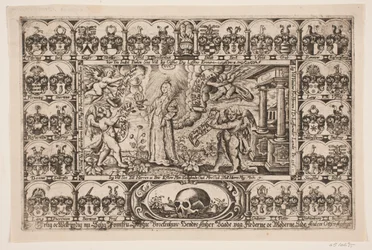 Sophie Brockenhuus und vier Genies, umgeben von Wappenschildern. Aus der Leichenpredigt