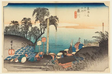 Fujikawa, Annäherung eines Adligen, in Die dreiundfünfzig Stationen der Tokaido-Straße (Tokaido Gojusan Tsugi-no Uchi)
