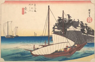 Station Dreiundvierzig: Kuwana, Sieben-Ri-Fähre am Hafen, aus den Dreiundfünfzig Stationen, ca. 1833-34