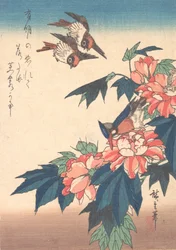 Schwalben und Eisvogel mit Rosenmalven, ca. 1838