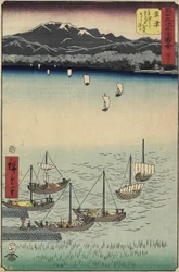 53, Segelboote am Yabase-Fährtor am Kusatsu-Strand, Kusatsu, 1855