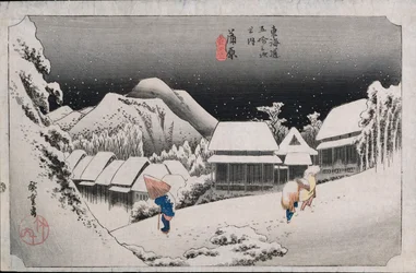 Nachtschnee, Kambara, Illustration aus der Serie "Dreiundfünfzig Stationen auf dem Tokaido"