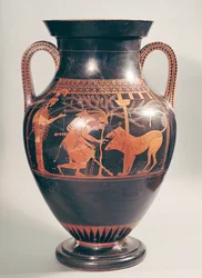 Attische rotfigurige Bauchamphora mit der Darstellung des Herakles, der Kerberos einfängt, griechisch, aus Athen, 6. Jahrhundert v. Chr.