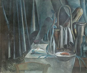 Stillleben mit Brotkorb, Krug und Weinglas