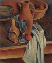 Stillleben mit irdenem Krug, weißer Serviette und Obst