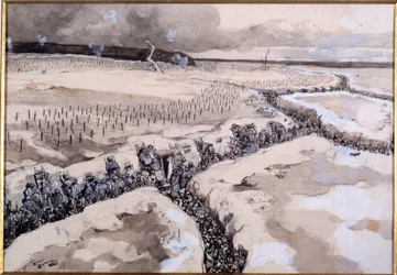 Vor einem Angriff. Soldaten in den Schützengräben kurz vor dem Sturmangriff im Winter 1915
