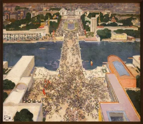 Die Internationale Ausstellung von 1937, vom zweiten Stock des Eiffelturms aus gesehen. Am Fuß des Hügels von Chaillot stehen sich der Pavillon der Sowjetunion links und der Pavillon Nazideutschlands rechts gegenüber (1867-1944)
