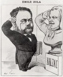 Karikatur von Emile Zola (1840-1902), der eine Büste von Honore de Balzac (1799-1850) salutiert, 1878