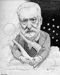 Karikatur von Victor Hugo (1802-1885), einem französischen Schriftsteller, dargestellt mit einer Leier auf einer Wolke im Himmel zwischen Tag und Nacht. Zeichnung von Andre Gill. Gravur in „Le Monde Illustré“.