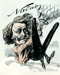 Karikatur von Felix Nadar, Pionier der Luftbildfotografie im Jahr 1858, hier hängend von seinem Ballon (Gravur)