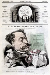 Komische Zeichnung über Alexandre Dumas Fils von Gill. Titelblatt „La Lune“ vom 24/03/1867.