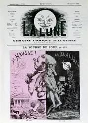 Gills Börsenkunde des Tages. In Rosa: der Anstieg des Franc. In Schwarz: fallende und schlechte Aktien. Die Börsen ziehen nach Belgien ab. Eine Ausgabe der Zeitung „La Lune“ vom 16. September