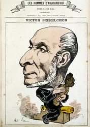 Humoristische Zeichnung über Victor Schoelcher und die Abschaffung der Sklaverei - von Gill, in „Die Männer von heute“