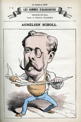 Porträt von Aurelien Scholl (1833-1902), französischer Journalist, Schriftsteller und Komiker. Karikatur von Gill, Paris.
