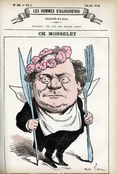 Porträt von Charles Monselet (1825-1888), französischer Dichter, Journalist, Romanautor und Gastronom. Karikatur von Gill, in "Les Homme d