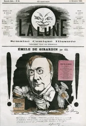Porträt von Emile de Girardin (1806-1881), französischer Journalist. Karikatur von Gill, in „La Lune“, 11. November
