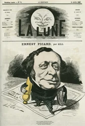 Porträt von Ernest Picard (1821-1877), französischer Journalist und Anwalt. Karikatur von Gill, in „La Lune“, 21. Juli