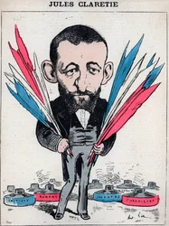 Porträt von Jules Claretie (1840-1913), französischer Romanautor, Dramatiker und Kritiker - Karikatur von Andre Gill, in „Les Hommes d