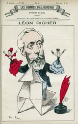 Porträt von Léon Richer (1824-1911), ein französischer Journalist und Intellektueller, er gründete 1882 die Association pour le droit des femmes und die Ligue française pour le droit des femmes. Karikatur von Gill, Paris