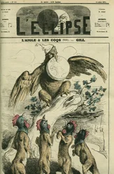 Der Adler und die Hähne, nach der Fabel hält der napoleonische Adler Frankreich im Schnabel bereit, es an Füchse mit Hahnenköpfen zu übergeben. Titelbild in „L