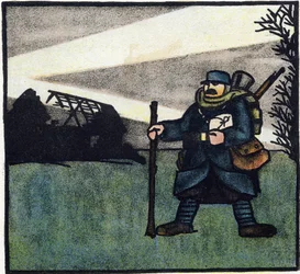 Erster Weltkrieg 1914-1918: Haarig. Porträt eines französischen Soldaten in Militäruniform mit Rucksack, Tasche und Gewehr. Gravur in „Alphabet des Großen Krieges 1914-1916 (für die Kinder unserer Soldaten)“. Editions Berger-Levrault