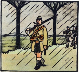 Erster Weltkrieg 1914-1918: Highlander. Die Soldaten aus Schottland kamen, um der französischen Armee zu helfen. Ihre Militäruniform besteht aus einem Kilt. Gravur in 