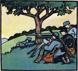 Erster Weltkrieg 1914-1918: Soldaten der französischen Armee benutzen Maschinengewehre auf den Schlachtfeldern. Gravur in „Alphabet des Großen Krieges 1914-1916 (für die Kinder unserer Soldaten)“. Editions Berger-Levrault