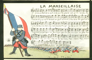 Postkarte, satirisch in Farben: La Marseillaise - Krieg von 14-18, Marseillaise, singende Illustration von Andre Helle (1875-1945)