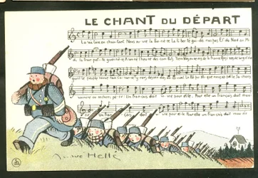 Postkarte, Satirisch in Farben: Das Lied des Abschieds - Krieg von 14-18, Illustration von Andre Helle (1875-1945)