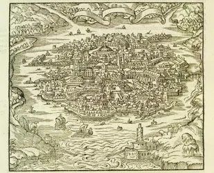 Stadt Quinsai (heute Tianjin), Stich aus La Cosmographie Universelle (Universelle Kosmographie) von Andre Thevet