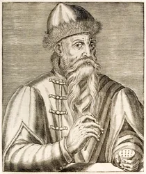 Johannes Gutenberg: Deutscher Erfinder, dessen Erfindung der beweglichen Lettern die Druckrevolution einleitete, aus „Wahre Porträts“ von André Thévet, veröffentlicht 1584