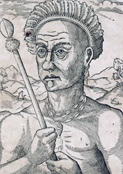 König Quoniambec, Brasilien, Gravur aus Universal Cosmology, von Andre Thevet, Paris