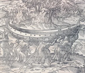 Lappen tragen ihre Boote von einem Ort zum anderen, Stich aus Universal Cosmology, von Andre Thevet, Paris