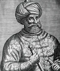 Porträt von Khayr al-Din, bekannt als Barbarossa (1465-1546), türkischer Korsar und Admiral, Gravur von Andre Thevet (1502-1590)