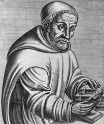 Porträt von Rabanus Maurus Magnentius (gestorben 856), deutscher Benediktinermönch und Theologe, Gravur aus Les vrais pourtraits et vies des hommes illustres grecz, latins et payens, von Andre Thevet