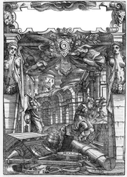 Tafel aus dem Buch „De architectura“, behandelt die Architektur von Marcus Vitrubius Pollio genannt Vitruv (1. Jahrhundert v. Chr.), römischer Architekt. Italienische Ausgabe von 1556. Gravur nach einer Zeichnung von Palladio.